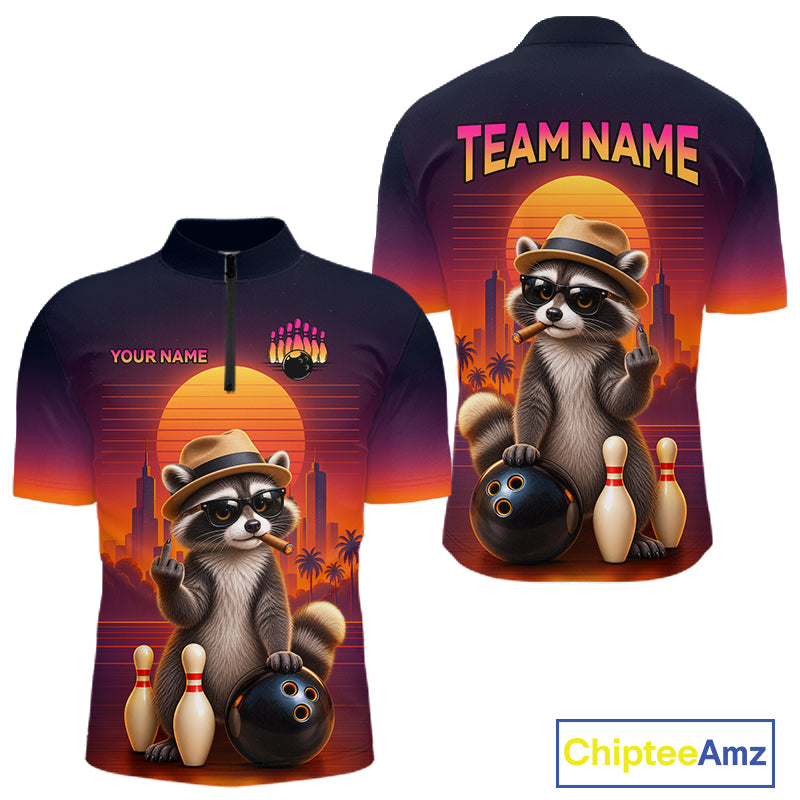 Custom bowling-themed short-sleeve quarter-zip polo shirt shown from both front and back. The design features a raccoon wearing a hat and sunglasses, holding a bowling ball and pins, with a sunset background and customizable text areas reading 'TEAM NAME' and 'YOUR NAME'.