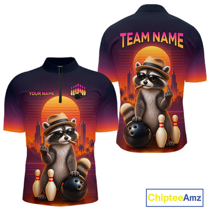 Custom bowling-themed short-sleeve quarter-zip polo shirt shown from both front and back. The design features a raccoon wearing a hat and sunglasses, holding a bowling ball and pins, with a sunset background and customizable text areas reading 'TEAM NAME' and 'YOUR NAME'.