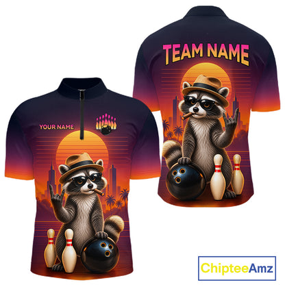 A custom short-sleeve quarter-zip bowling shirt shown from both front and back. The design features a raccoon wearing a hat and holding a bowling ball, with bowling pins, a sunset, and a city skyline.