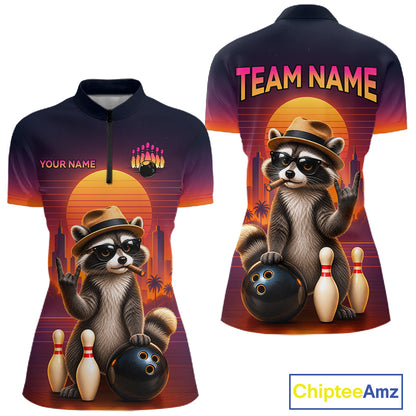 Front and back views of a women's short-sleeve zip-front top with a colorful raccoon bowling graphic, customizable text placeholders, and a ChipteeAmz logo in the bottom right corner.