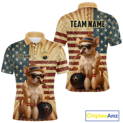 Front and back views of a short-sleeve polo shirt featuring a printed graphic of a French bulldog bowling with bowling pins and a bowling ball, set against an American flag background. The shirt has a tan collar and sleeve cuffs, with customizable text placeholders 'YOUR NAME' on the chest and 'TEAM NAME' on the back.