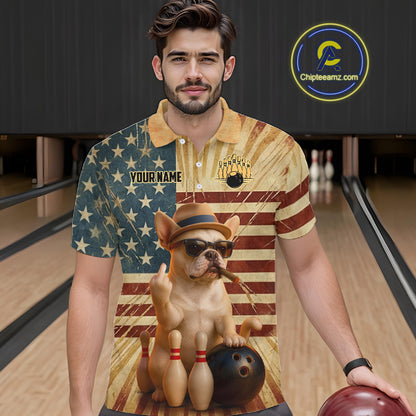 A man wearing a short-sleeve polo shirt with a patriotic American flag design and a cartoon dog wearing a bowler hat and sunglasses, standing in a bowling alley. The shirt has 'YOUR NAME' printed on it, and a 'Chipteeamz.