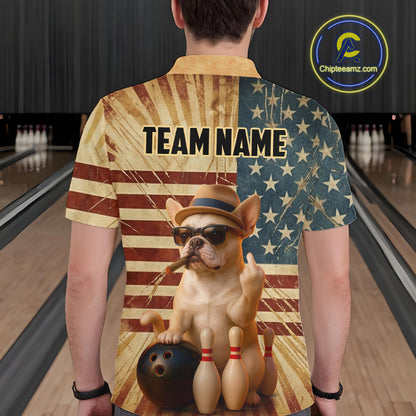 A person shown from the back wearing a short-sleeve crew-neck shirt with a custom graphic print. The shirt features a split American flag design with a French bulldog wearing sunglasses and a hat, a bowling ball, bowling pins, and the text 'TEAM NAME'.