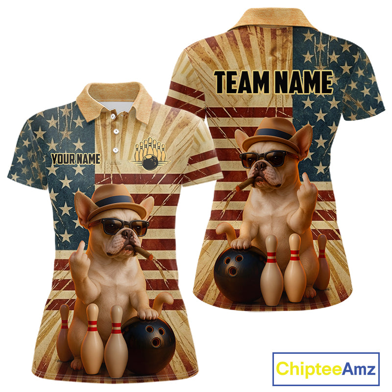Front and back views of a short-sleeve polo shirt featuring a printed graphic of a French bulldog bowling with bowling pins and balls, set against a distressed American flag background. The shirt includes customizable text placeholders 'YOUR NAME' and 'TEAM NAME'.
