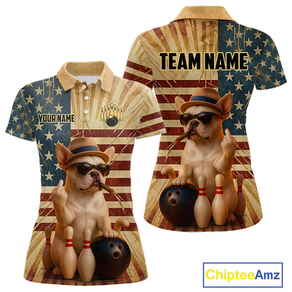 Front and back views of a short-sleeve polo shirt featuring a printed graphic of a French bulldog bowling with bowling pins and balls, set against a distressed American flag background. The shirt includes customizable text placeholders 'YOUR NAME' and 'TEAM NAME'.