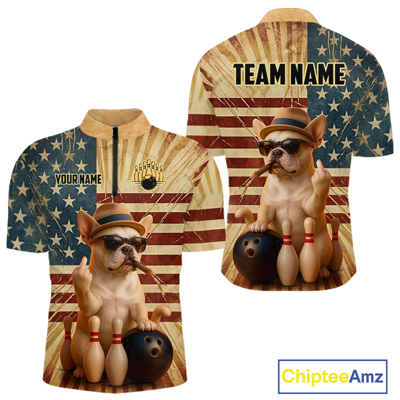 Front and back views of a short-sleeve custom bowling-themed polo shirt. The shirt features a distressed American flag background with a cartoon French Bulldog wearing a hat and sunglasses, holding bowling balls and pins, with customizable text fields 'YOUR NAME' on the left chest and 'TEAM NAME' on the back.