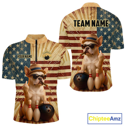 Front and back views of a short-sleeve custom bowling-themed polo shirt. The shirt features a distressed American flag background with a cartoon French Bulldog wearing a hat and sunglasses, holding bowling balls and pins, with customizable text fields 'YOUR NAME' on the left chest and 'TEAM NAME' on the back.