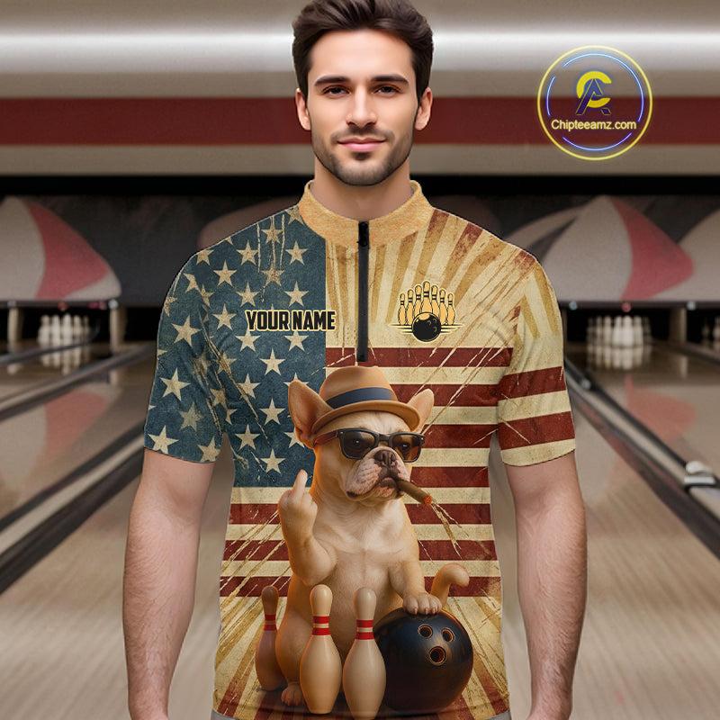 A man modeling a short-sleeve zip-front shirt with a bowling-themed American flag print. The shirt features a French bulldog wearing a hat and sunglasses, bowling pins, a bowling ball, and the text 'YOUR NAME'.