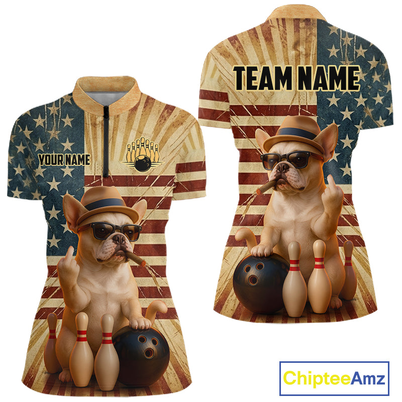 Front and back views of a short-sleeve custom cycling jersey featuring a French bulldog bowling graphic over an American flag background. The front includes placeholder text 'YOUR NAME' and a bowling pin logo, while the back displays 'TEAM NAME'.