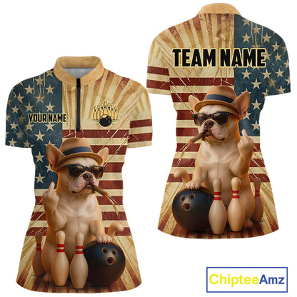 Front and back views of a short-sleeve custom cycling jersey featuring a French bulldog bowling graphic over an American flag background. The front includes placeholder text 'YOUR NAME' and a bowling pin logo, while the back displays 'TEAM NAME'.