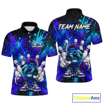 Front and back views of a custom printed short-sleeve polo shirt on a white background. The shirt features a colorful bowling-themed graphic with a cartoon bowling ball character, bowling pins, and a blue and purple paint splatter design.