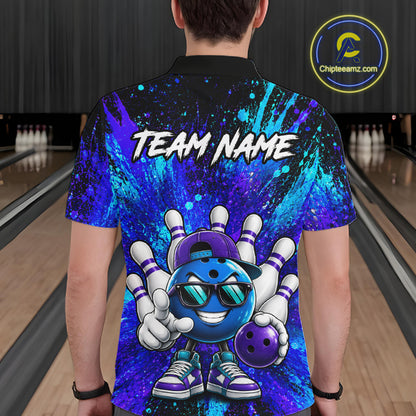 A person viewed from behind wearing a short-sleeve collared shirt with a colorful bowling-themed graphic. The shirt features a blue cartoon bowling ball character with sunglasses, purple bowling pins, white bowling pins, and the text 'TEAM NAME' across the upper back.