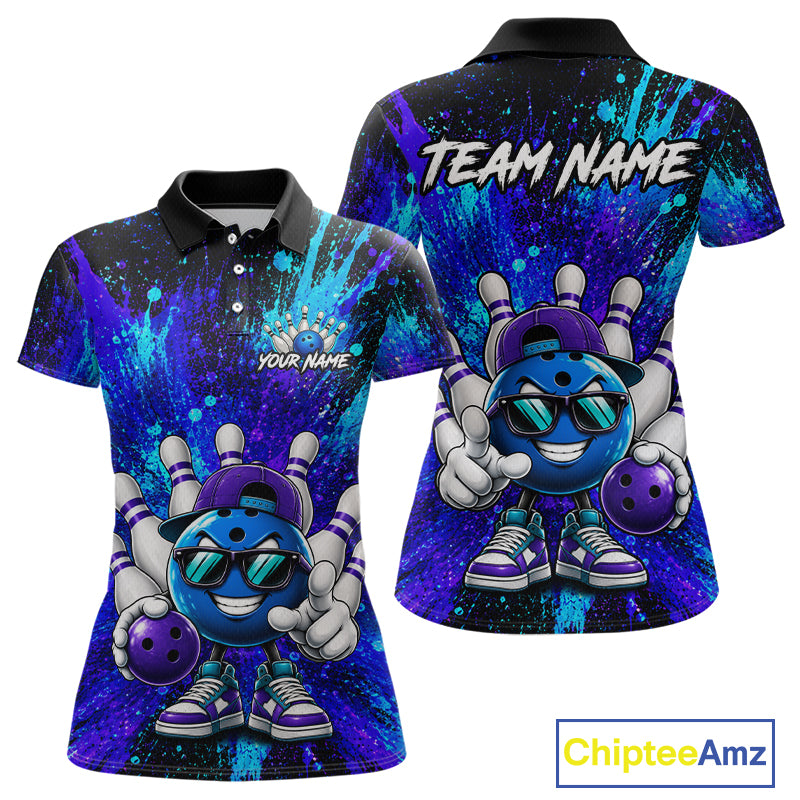 Front and back views of a short-sleeve polo shirt with a colorful bowling-themed graphic print. The design features a blue cartoon bowling ball character wearing sunglasses, holding purple bowling balls, with white bowling pins.
