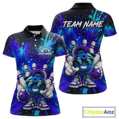 Front and back views of a short-sleeve polo shirt with a colorful bowling-themed graphic print. The design features a blue cartoon bowling ball character wearing sunglasses, holding purple bowling balls, with white bowling pins.