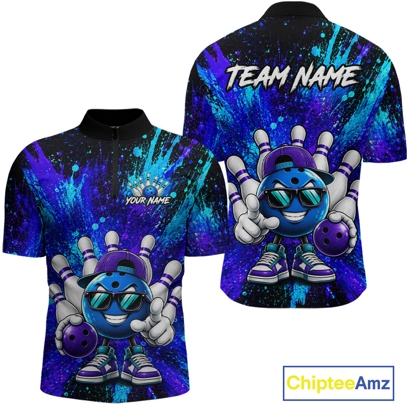Custom short-sleeve quarter-zip bowling-themed polo shirt shown from both front and back. The design features a blue cartoon bowling ball character with sunglasses, bowling pins, purple bowling balls, and a blue and purple paint splatter background.