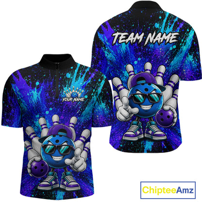 Custom short-sleeve quarter-zip bowling-themed polo shirt shown from both front and back. The design features a blue cartoon bowling ball character with sunglasses, bowling pins, purple bowling balls, and a blue and purple paint splatter background.