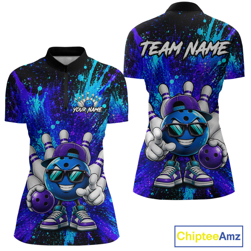Front and back views of a short-sleeve polo shirt with a colorful bowling-themed graphic print. The shirt features a blue cartoon bowling ball character wearing sunglasses and a purple bowling pin hat, set against a purple, blue, and black paint-splatter background.