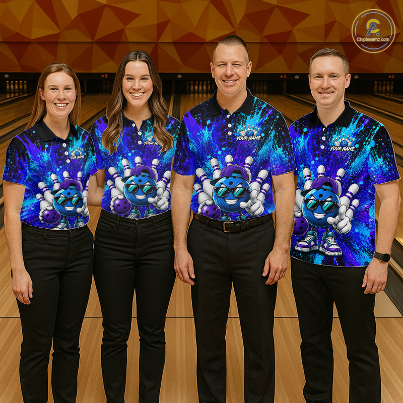 Four people standing in a bowling alley wearing matching custom bowling shirts with a blue and purple cosmic bowling pin design. The shirts feature a cartoon bowling pin character with sunglasses and the text 'YOUR NAME'.