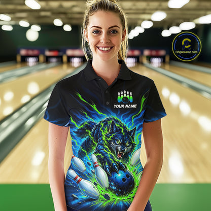 Custom Green Flame Wolf Bowling Team Shirts Bowling Jersey for Women Bowling League Shirts HNT629