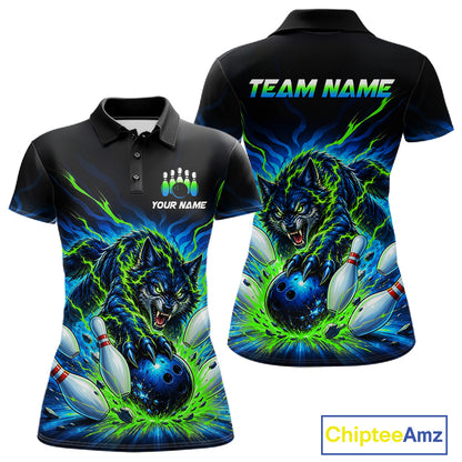 Custom Green Flame Wolf Bowling Team Shirts Bowling Jersey for Women Bowling League Shirts HNT629