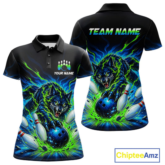 Custom Green Flame Wolf Bowling Team Shirts Bowling Jersey for Women Bowling League Shirts HNT629