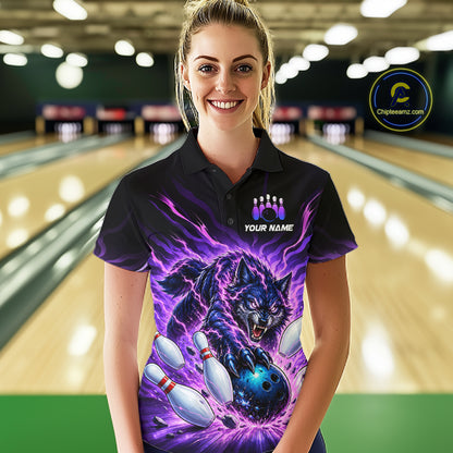 Custom Purple Flame Wolf Bowling Team Shirts Bowling Jersey for Women Bowling League Shirts HNT629
