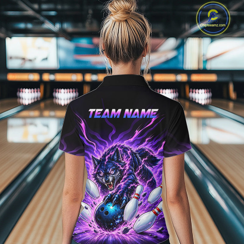 Custom Purple Flame Wolf Bowling Team Shirts Bowling Jersey for Women Bowling League Shirts HNT629