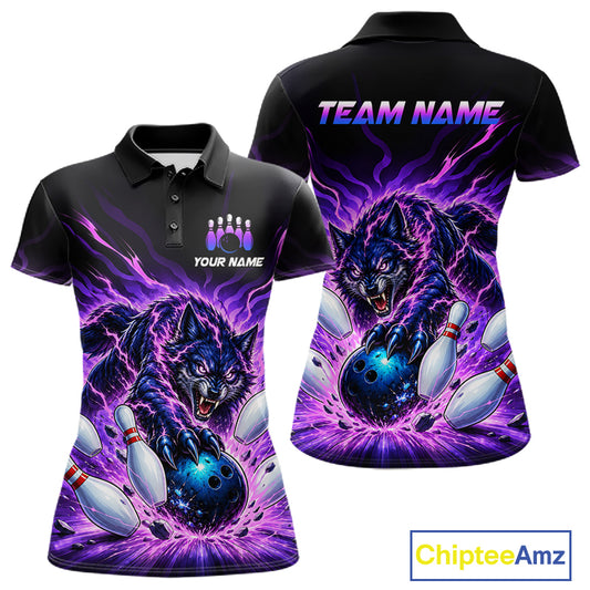 Custom Purple Flame Wolf Bowling Team Shirts Bowling Jersey for Women Bowling League Shirts HNT629