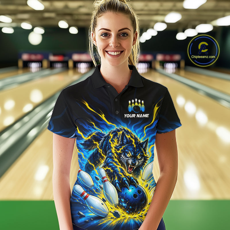 Custom Yellow Flame Wolf Bowling Team Shirts Bowling Jersey for Women Bowling League Shirts HNT629