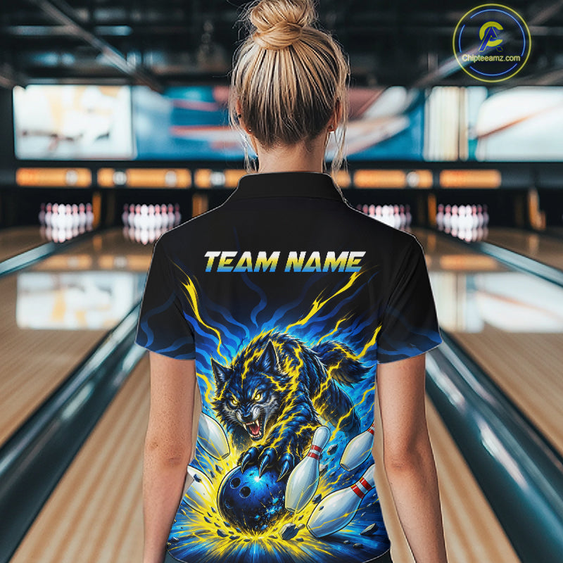 Custom Yellow Flame Wolf Bowling Team Shirts Bowling Jersey for Women Bowling League Shirts HNT629
