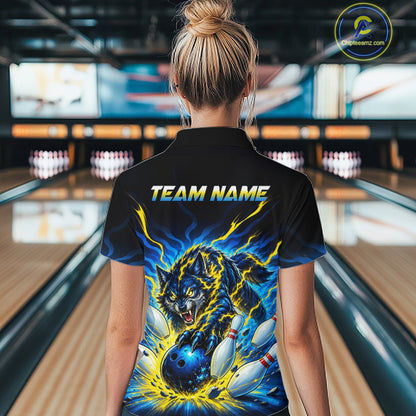 Custom Yellow Flame Wolf Bowling Team Shirts Bowling Jersey for Women Bowling League Shirts HNT629