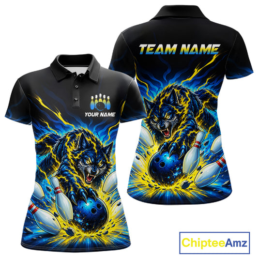 Custom Yellow Flame Wolf Bowling Team Shirts Bowling Jersey for Women Bowling League Shirts HNT629