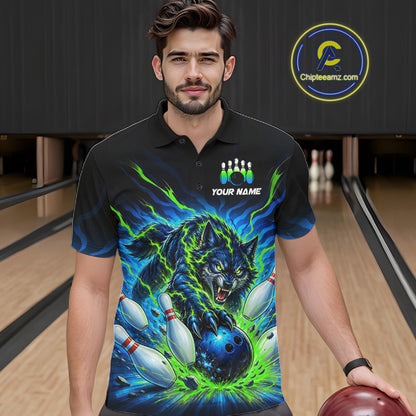 Custom Green Flame Wolf Bowling Team Shirts Bowling Jersey for Men Bowling League Shirts HNT629