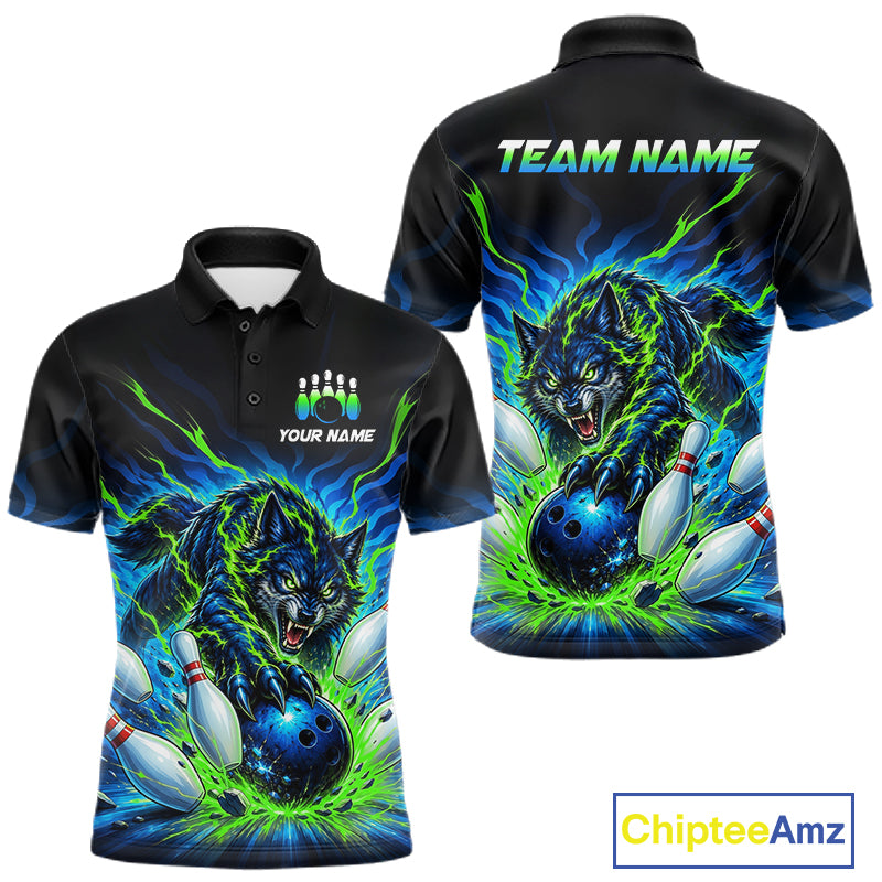 Custom Green Flame Wolf Bowling Team Shirts Bowling Jersey for Men Bowling League Shirts HNT629