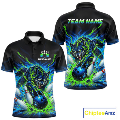 Custom Green Flame Wolf Bowling Team Shirts Bowling Jersey for Men Bowling League Shirts HNT629