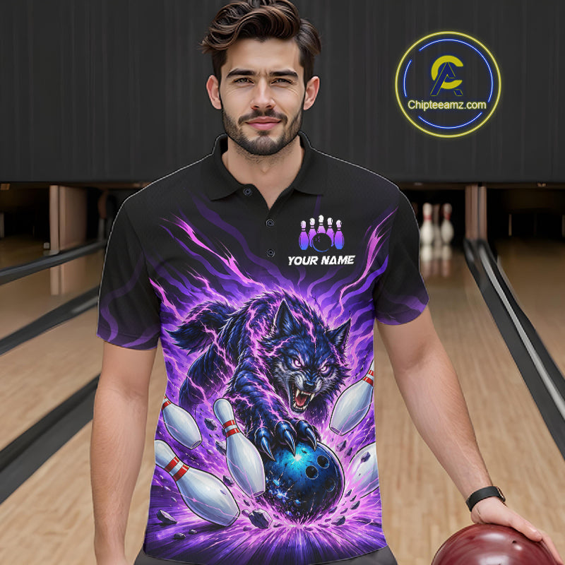 Custom Purple Flame Wolf Bowling Team Shirts Bowling Jersey for Men Bowling League Shirts HNT629