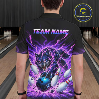 Custom Purple Flame Wolf Bowling Team Shirts Bowling Jersey for Men Bowling League Shirts HNT629
