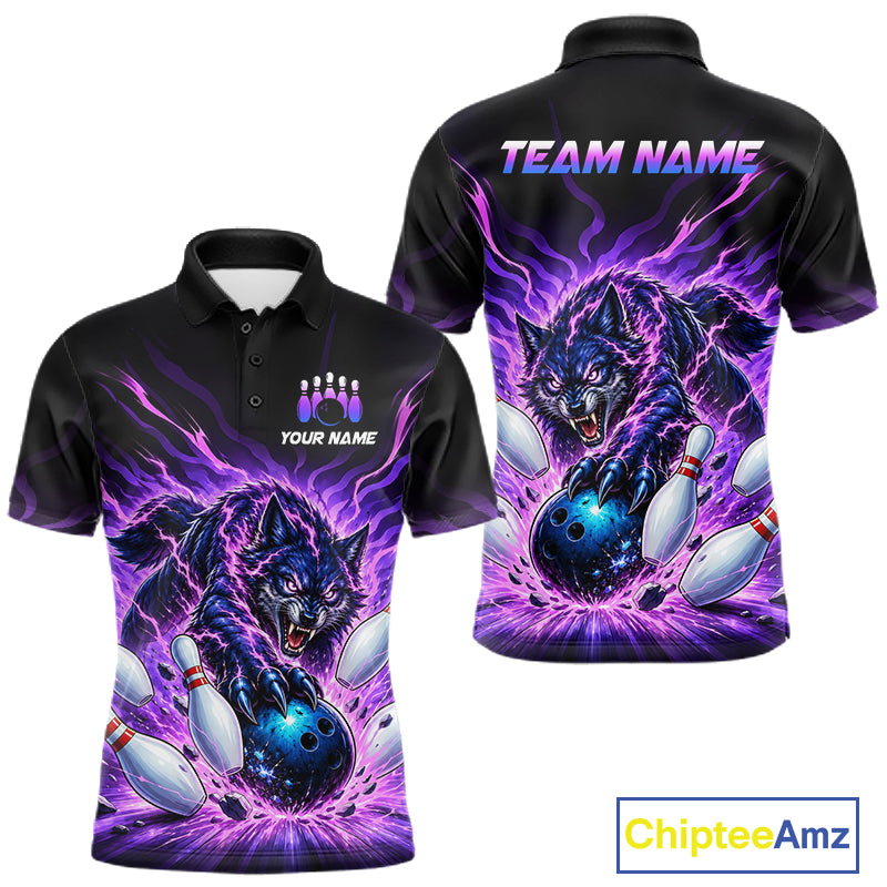 Custom Purple Flame Wolf Bowling Team Shirts Bowling Jersey for Men Bowling League Shirts HNT629