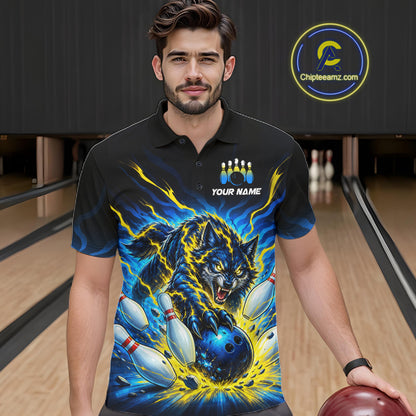 Custom Yellow Flame Wolf Bowling Team Shirts Bowling Jersey for Men Bowling League Shirts HNT629