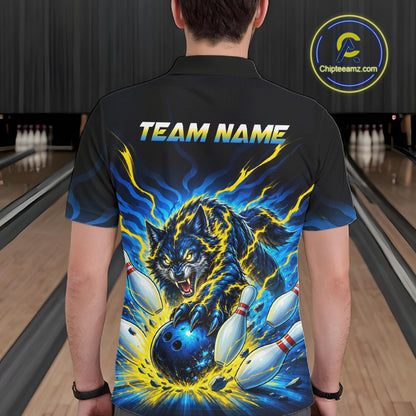 Custom Yellow Flame Wolf Bowling Team Shirts Bowling Jersey for Men Bowling League Shirts HNT629