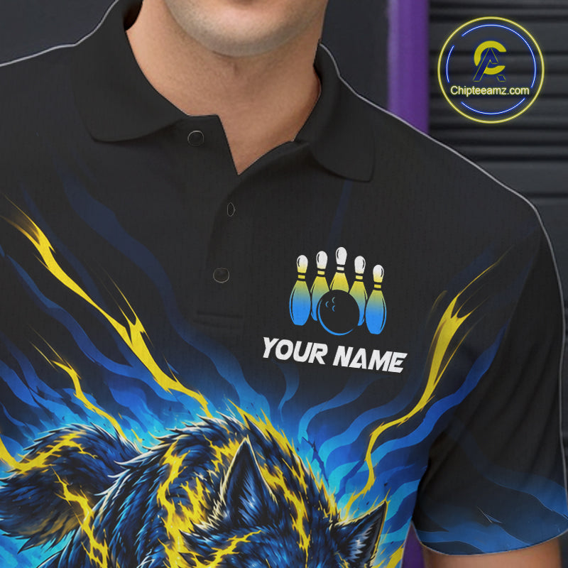 Custom Yellow Flame Wolf Bowling Team Shirts Bowling Jersey for Men Bowling League Shirts HNT629