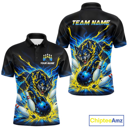Custom Yellow Flame Wolf Bowling Team Shirts Bowling Jersey for Men Bowling League Shirts HNT629
