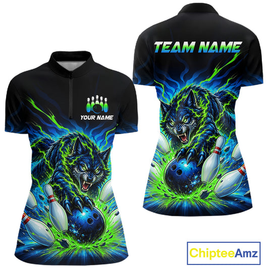 Custom Green Flame Wolf Bowling Team Shirts Bowling Jersey for Women Bowling League Shirts HNT629