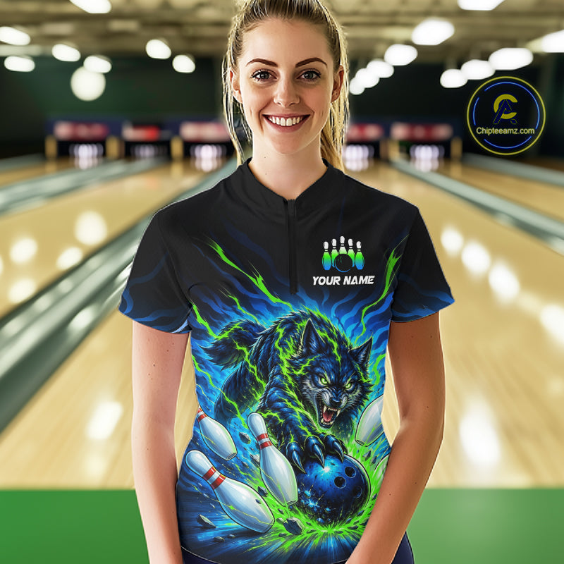 Custom Green Flame Wolf Bowling Team Shirts Bowling Jersey for Women Bowling League Shirts HNT629