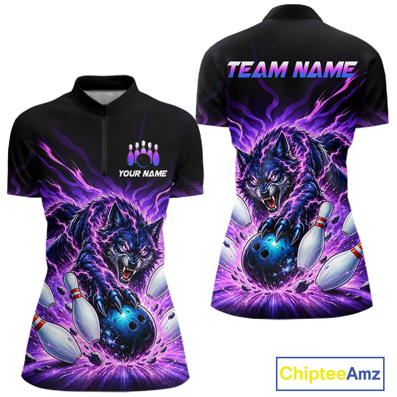 Custom Purple Flame Wolf Bowling Team Shirts Bowling Jersey for Women Bowling League Shirts HNT629