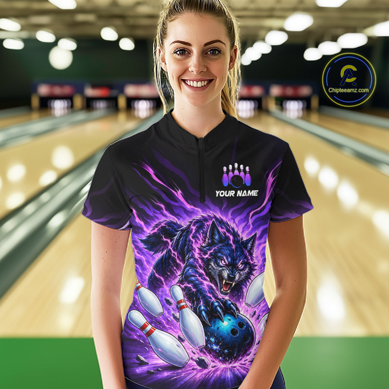 Custom Purple Flame Wolf Bowling Team Shirts Bowling Jersey for Women Bowling League Shirts HNT629