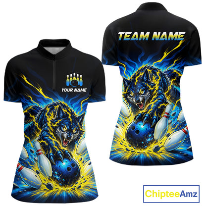 Custom Yellow Flame Wolf Bowling Team Shirts Bowling Jersey for Women Bowling League Shirts HNT629