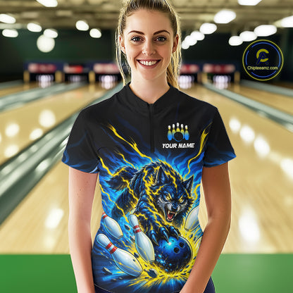 Custom Yellow Flame Wolf Bowling Team Shirts Bowling Jersey for Women Bowling League Shirts HNT629