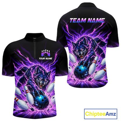Custom Purple Flame Wolf Bowling Team Shirts Bowling Jersey for Men Bowling League Shirts HNT629