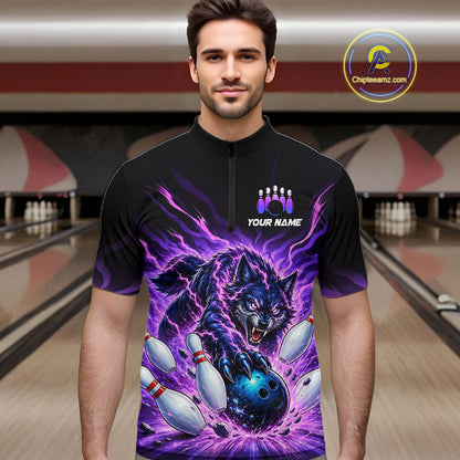 Custom Purple Flame Wolf Bowling Team Shirts Bowling Jersey for Men Bowling League Shirts HNT629